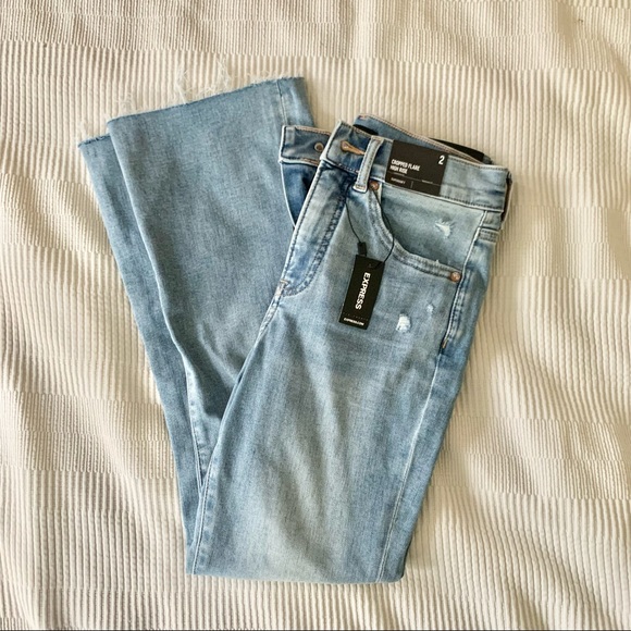 | express • distressed cropped flare hi rise denim jeans | - Picture 6 of 14
